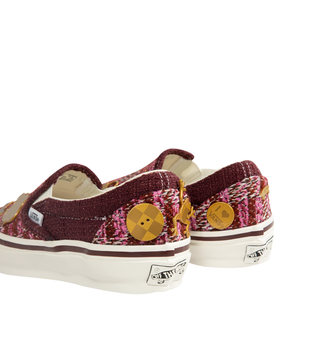 Image 3 of 5 - RED - Vans Unisex Premium LX Classic Slip-On 98 Cardigan Sneakers are crafted from multicolor knit cardigan textile and feature the brand's iconic laceless slip-on silhouette, decorative gold-tone hardware pins, and a padded collar for enhanced comfort. Main Material: Knit Textile; Hardware: Metal Pins; Outsole: Rubber. *Unisex style in men's sizing.   