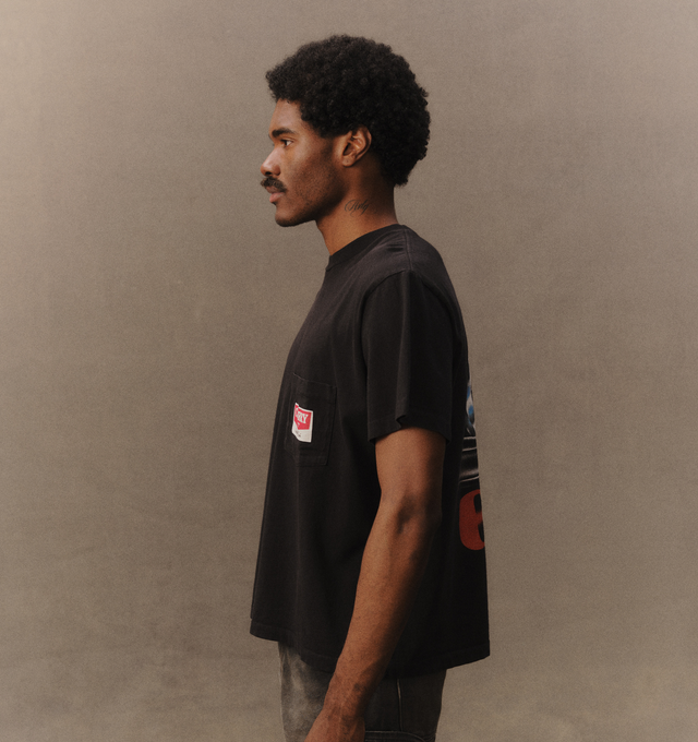 Image 6 of 7 - BLACK - Cherry LA Men's Railroad Boxy Pocket T-Shirt is crafted from cotton and features a boxy-fit silhouette with a classic crew neckline and chest pocket. Designed with screen-printed artwork at the chest pocket and back, this everyday essential combines relaxed proportions with vintage-inspired graphic styling. Main Material: Cotton. Made in Los Angeles, California. 