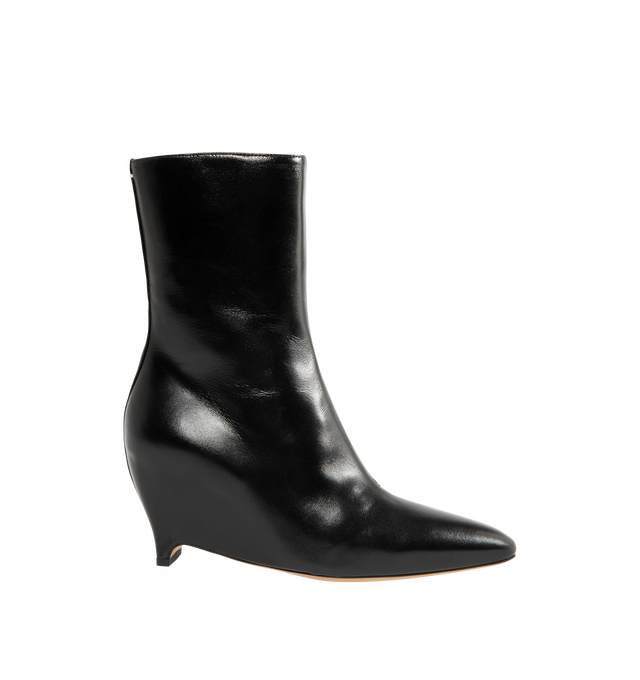 Image 1 of 4 - BLACK - Maison Margiela Women's Heel-Less Ankle Boots are crafted from soft nappa leather and reinterpret the Maison's archival heel-less silhouette with a sleek pointed toe and sculptural wedge heel. The seamless upper rises into an 80mm wedge, while the signature single white stitch at the back provides an understated house detail. Upper: 100% Ovine Leather. Lining: 100% Ovine Leather. Inside: 100% Ovine Leather. Sole: 100% Calf Leather. Heel Height: 80 mm / 3.1 in. Made in Italy. 