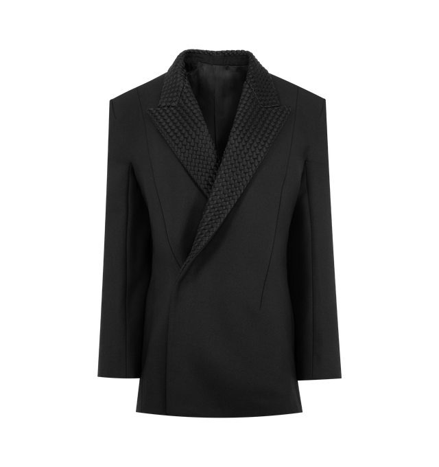 Image 1 of 2 - BLACK - BOTTEGA VENETA Splittable Wool and Mohair Jacket featuring jacket with sculptural Cabat-inspired shoulders in splittable wool and mohair, intrecciato lapels, button closure and regular fit. 69% wool, 30% mohair, 1% polyamide. Made in Italy. 