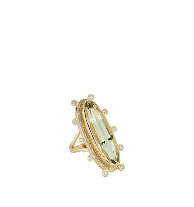 Image 2 of 3 - GOLD - Renna Women's Horizon Ring is crafted in 18K yellow gold and features a luminous green beryl center stone accented by brilliant diamonds, creating a striking balance between bold elegance and ethereal beauty. Inspired by the tranquil glow of a hidden lagoon, this designer fine jewelry ring combines exceptional craftsmanship with a sculptural silhouette, making it a captivating statement piece for special occasions. Main Material: 18K Yellow Gold. Gemstones: Approximately 1 TCW Diamonds 