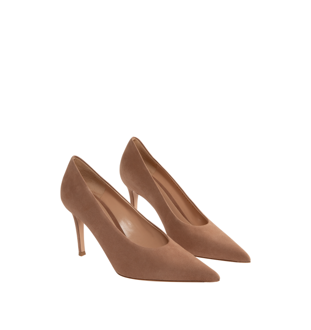 Image 2 of 4 - BROWN - GIANVITO ROSSI Robbie Pumps featuring calf suede, 85mm stiletto heel, slip-on style, pointed toe, branded leather insole and leather outsole. 