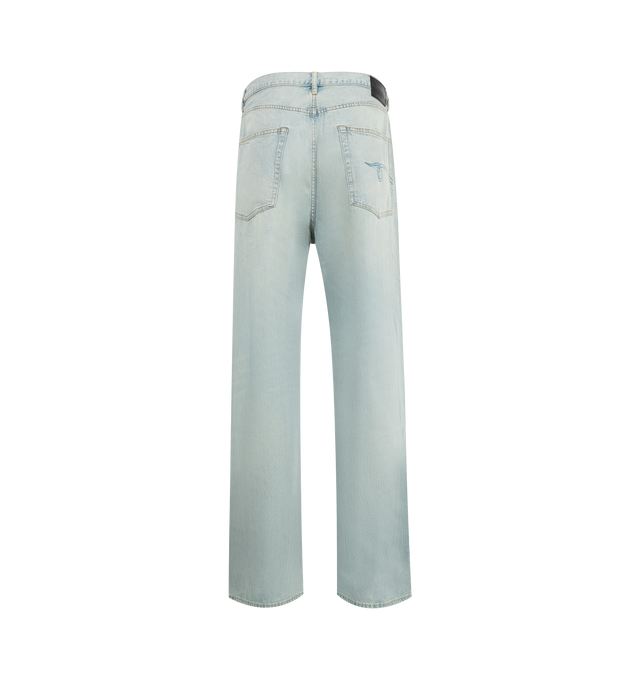 Image 2 of 3 - BLUE - R13 Damon Pleated Wide Leg Jeans featuring mid-weight, non-stretch denim, faded wash and worn edges, pleated front, button closure and zip fly and 5-pocket styling. 100% cotton. Made in Italy. 