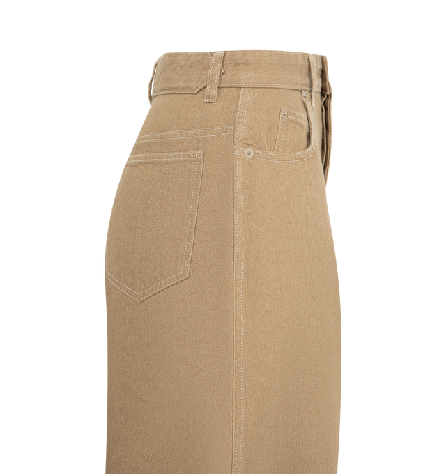 Image 3 of 3 - BROWN - JACQUEMUS Ovalo de-Nmes Denim Pants featuring high-rise, beige cotton denim, belt loops, zip fly with engraved metal button, five pockets including ticket pocket, embroidered J on the hip, darts on the hip, long curved leg, embroidered patch on the back, back yoke and darts on the back hem. 100% cotton. Lining: 65% polyester, 35% cotton. Made in Italy. 