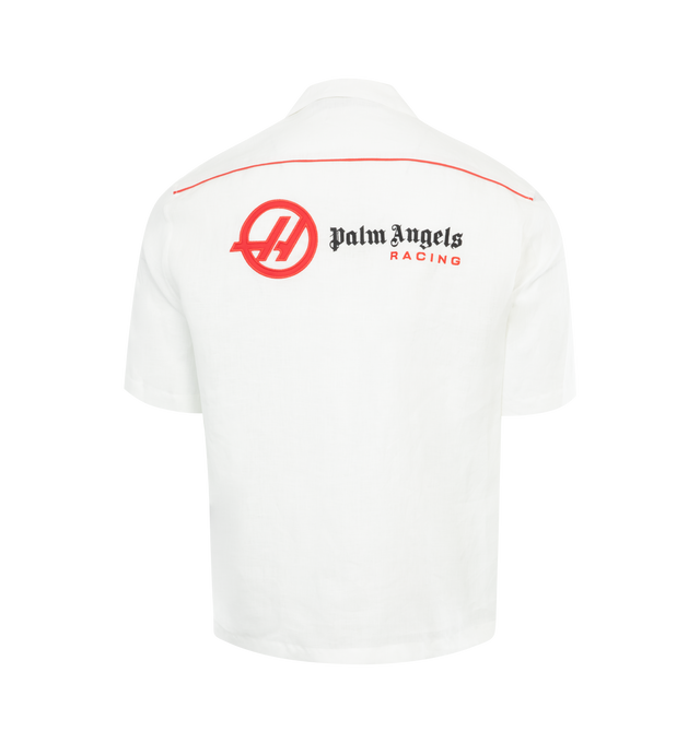 Image 2 of 3 - WHITE - PALM ANGELS Paxhaas Linen Bowling Shirt featuring camp collar, front button fastening, short sleeves, embroidered logo to the rear, two chest flap pockets, logo patch at the chest and straight hem. 100% linen/flax. 60% polyester, 40% cotton. 