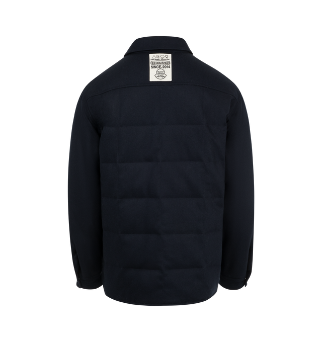 Image 2 of 2 - NAVY - Moncler Genius X Palm Angels Quilted Shirt has a point collar, a snap front closure, front flap pockets, silvertone buttons, and a logo at the back. Lined. Made in Italy.  