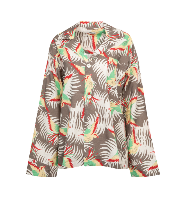 Image 1 of 2 - MULTI - BODE Sun Conure Long Sleeve Shirt featuring spread collar, button fron closure, long sleeves and printed with an oversized tropical-bird pattern. 100% cotton. Made in India. 