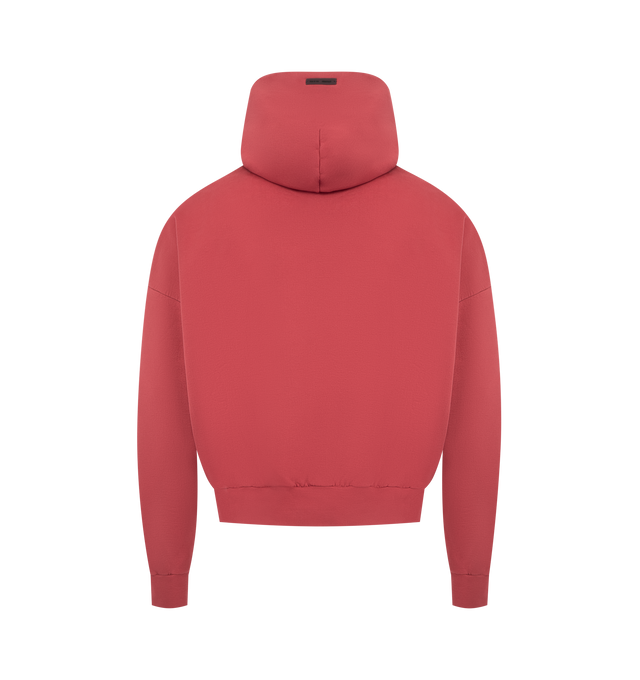 Image 2 of 3 - RED - FEAR OF GOD ESSENTIALS Cropped Relaxed Hoodie featuring 520gsm heavy fleece that's pigment-dyed, a cropped, relaxed silhouette, exaggerated proportions with dropped shoulders, HD-printed graphics, including a Fear of God Essentials lockup across the front and Essentials along the arms, kangaroo pocket, rib-knit trim at the cuffs, and waist hem and a Fear of God Essentials rubberized label stitched to the hood. 100% cotton. 