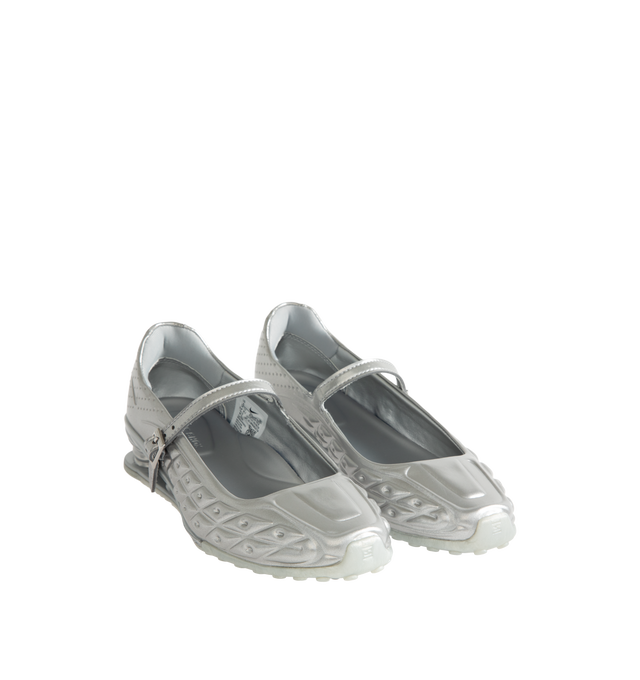 Image 2 of 5 - SILVER - Nike Womens Shox Z Calistra Shoe is a ballet-inspired flat on top of sleek sneaker-inspired heel cushioning. Designed with an adjustable midfoot strap, Nike Shox Z cushioning pillars, signature Nike and Shox branding, and durable rubber outsole. Upper: Synthetic Leather; Cushioning: Nike Shox Z; Outsole: Rubber. Imported 