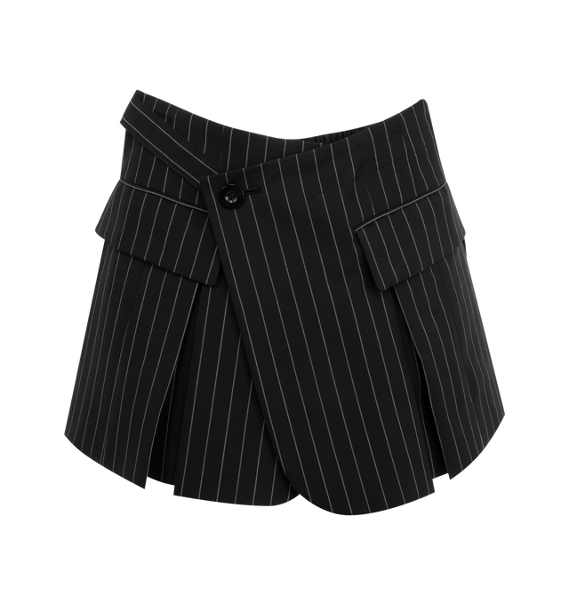 Image 1 of 2 - BLACK - SACAI Stiped Skirt featuring off-centre front button fastening, side slits, two front flap pockets, pleat detailing. 72% wool, 60% cotton, 40% nylon, 28% silk. Lining: 100% cupro. 