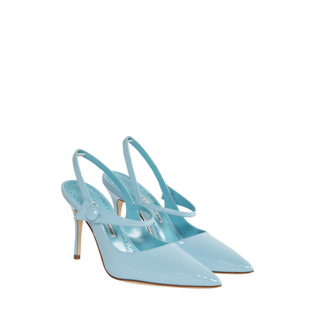 Image 2 of 4 - BLUE - MANOLO BLAHNIK Didion Patent Leather Slingback Pumps featuring pointed toe, slingback, front strap with button closure and stiletto high heel. 90MM. 100% patent calf. Made in Italy. 