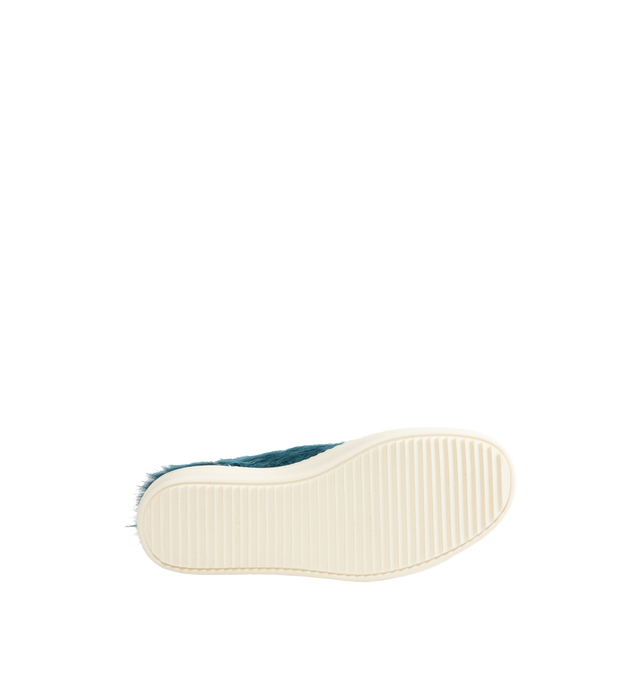 Image 4 of 5 - BLUE - Rick Owens Men's Vintage Sneaks are crafted from hairy suede and full-grain calf leather and feature an under-ankle silhouette with contrast stitching, a padded ankle, and the brand's signature shark-toothed bumper sole. Designed with eight-eyelet lace-up fastening, a toe cap, and a resized triangular leather appliqu at the side for a distinctive vintage-inspired look. Main Material: 100% Calf Leather. Lateral Details: 100% Cow Leather. Lining: 100% Calf Leather. Insole: 100% Calf Leat 