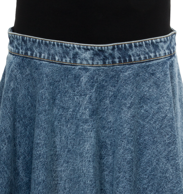 Image 4 of 4 - BLUE - ALAIA Band Skirt featuring ribbed band top, denim full skirt, side slit pockets and midi length. 100% cotton.  