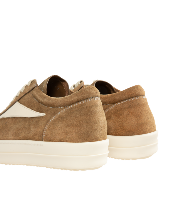 Image 3 of 5 - BROWN - RICK OWENS Vintage Sneakers featuring suede upper, padded collar, cow leather triangular leather applique on the side panels, contrast stitching, flat cotton laces and thermoplastic shark-tooth rubber outsole. Made in Italy. 