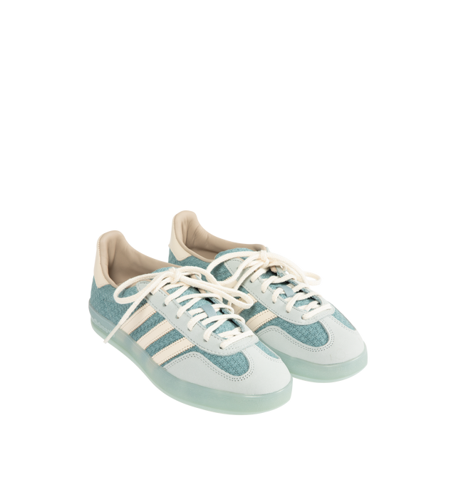 Image 2 of 5 - BLUE - ADIDAS Gazelle Indoor Sneaker featuring cotton-weave upper with butter-soft nubuck overlays, regular fit, 3 stripes on side, lace closure, leather and textile lining and semi-transparent rubber outsole. 