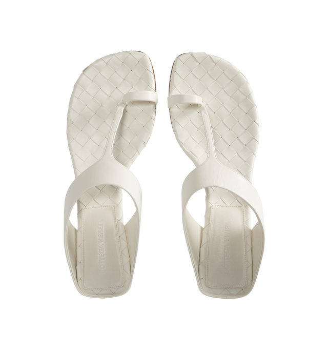 Image 4 of 4 - WHITE - Bottega Veneta Womens Kitten Heel Thong Sandals are crafted from nappa leather. Feature a toe-ring leather strap, Intrecciato leather insole, lambskin lining, kitten heel, and rubber-injected leather outsole. Upper: Nappa Leather; Lining: Lambskin; Outsole: Rubber-Injected Leather. Made in Italy. 