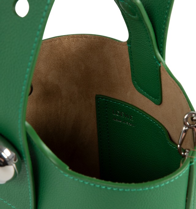 Image 3 of 3 - GREEN - LOEWE Mini Pebble Bucket Bag featuring magnetic closure, internal pocket, bonded suede lining, anagram engraved Pebble, crossbody, shoulder or hand carry and adjustable and removable strap. 7.7 x 6.3 x 6.3 inches. Soft grained calf skin. Made in Spain. 