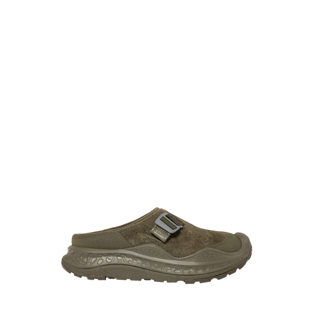 Image 1 of 5 - GREEN - HOKA Ora Primo EXT Shoe featuring a suede upper, G-hook closure that cinches down reflective webbing, scratch rubber toe and heel details, metal hardware, neoprene collar lining and dual-layer EVA midsole. Imported from Vietnam. 