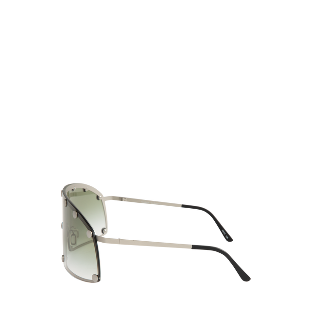 Image 2 of 3 - SILVER - Rick Owens Silver Shielding Sunglasses feature an aviator-style stainless steel frame with gradient green lenses and rivet detailing. Designed with adjustable rubber nose pads, rubber temple tips, and include a leather storage pouch. Frame Material: Stainless Steel. 100% UV protection. Made in Italy. 