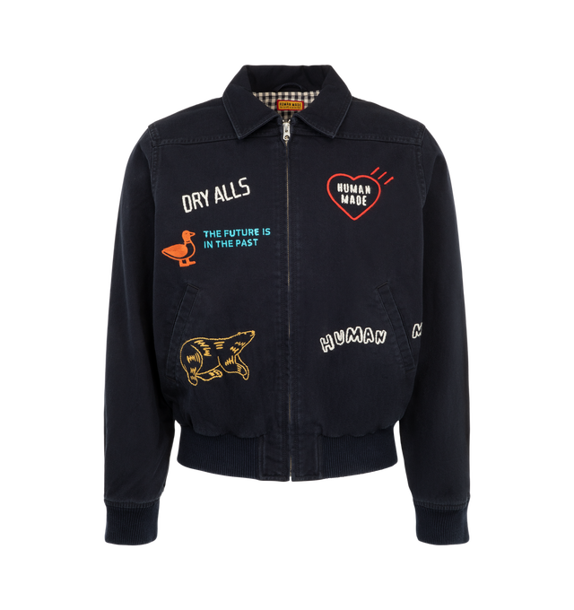 Image 1 of 3 - NAVY - Human Made Men's Zip-Up Blouson is crafted from a soft cashmere blend with embroidery patch artwork, and features a zip-front silhouette designed for elevated everyday wear. Main Material: 80% Cashmere, 18% Polyamide/Nylon, 2% Elastane. Closure: Front Zip. Fit: Regular. 