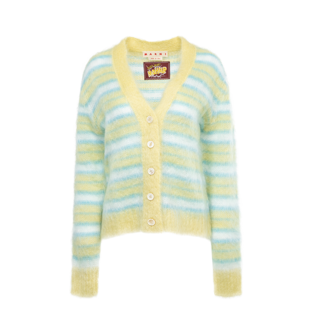 MULTI - MARNI Striped Mohair-Blend Cardigan featuring plunging V-neck, dropped shoulders, long sleeves, ribbed trim and button front closures. 80% mohair, 20% polyamide. Made in Italy.
