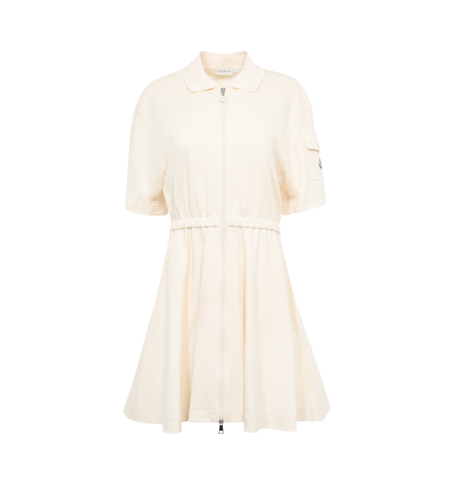 WHITE - MONCLER Polo Shirt Dress featuring lightweight cotton fleece, jersey details, knit polo collar, zipper closure, pocket with snap button closure, elastic waistband with drawstring fastening and logo. 100% cotton. Made in Turkey.