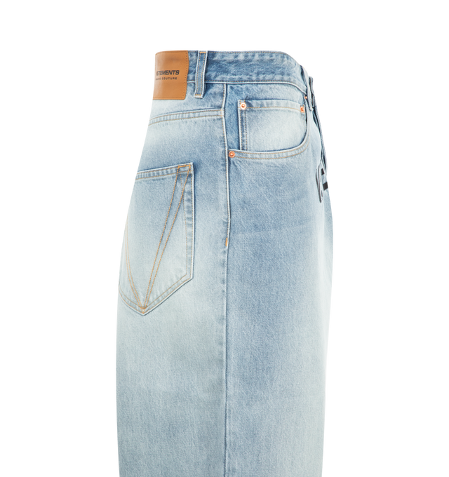 Image 3 of 3 - BLUE - Vetement Embroidered Logo Baggy Jeans are a 5-pocket style with a logo embroidered at the front, a leather logo patch at the back, silver and copper-tone hardware, and fading and whiskering throughout. 100% cotton. Made in Italy. 