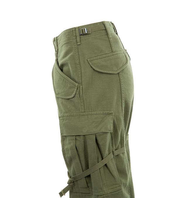 GREEN - R13 Cropped Cargo Pants featuring a baggy wide-leg silhouette, belt loops, side and back flap pockets, side cargo patch pockets and zip-fly with button closure. 100% cotton. 