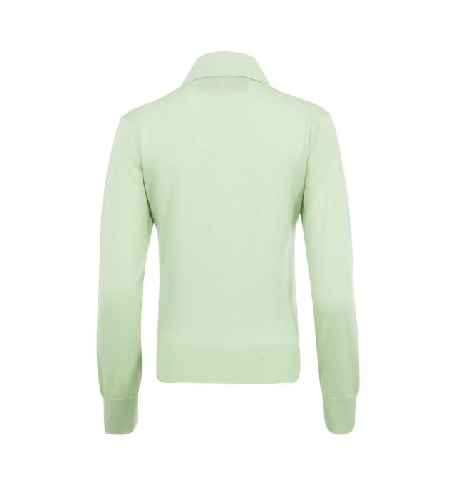 Image 2 of 2 - GREEN - BOTTEGA VENETA Light Fine Cashmere Polo featuring lightweight fine cashmere, long sleeves, polo collar, "BV" embroidery on the front and cropped fit. 100% cashmere. Made in Italy. 