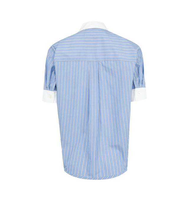 Image 2 of 2 - BLUE - Marni Short Sleeve Striped Poplin Shirt has a contrasting collar and cuffs, a rounded hem, exposed buttons on the placket, a chest pocket, and an emboridered brand symbol. 100% cotton. Made in Italy.  