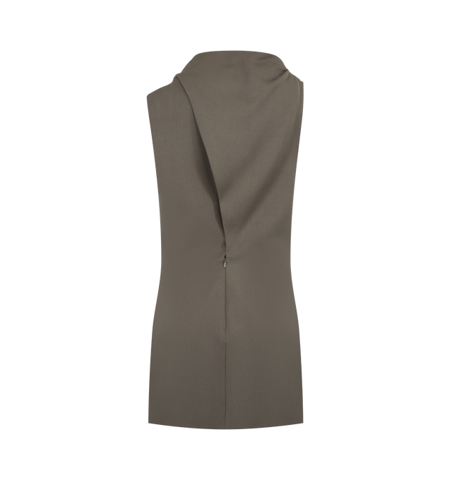 Image 2 of 2 - BROWN - Khaite Astor modern minidress tailored in soft, richly textured wool suiting selected for its fluid and refined drape. The streamlined silhouette is defined by a draped neckline reprised at the wrapped and angled back. Tapers to a fitted skirt. Back zip closure. 100% virgin wool. 