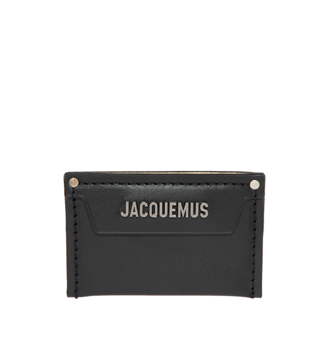 BLACK - JACQUEMUS Le Porte Carte Meunier featuring logo hardware at foldover flap, two card slots at back face, central note slot and twill lining. H2.75 x W4.25 in. 100% leather. Made in Spain.