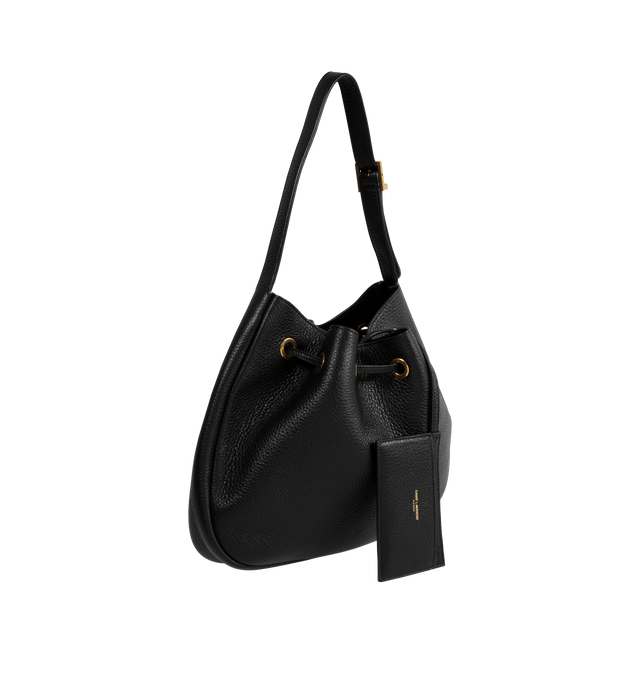 Image 2 of 3 - BLACK - Saint Laurent YSL Small Hobo Bag has a drawstring closure, an adjustable shoulder strap, a removable card holder, and bronze-toned hardware. 11.8 x 9.8 x 1.2 inches. Grained leather. Made in Italy.  