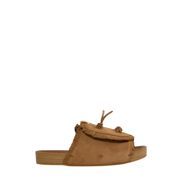 Image 1 of 4 - BROWN - VISVIM Christo Shaman-Folk Slides featuring a cork footbed, suede upper, fringed detailing and custom Vibram rubber heel.  