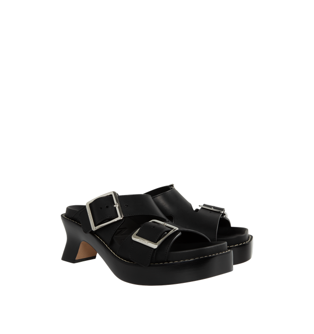 Image 2 of 4 - BLACK - LOEWE Ease Heel Slide featuring two adjustable straps with oversized LOEWE buckles, architectural slanted heel complemented by the "Ease" ergonomic fussbet and contrast stitching. 90mm heel. Vegetal calf. Made in Italy. 