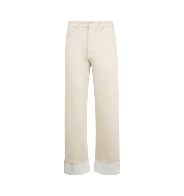 Image 1 of 3 - WHITE - BOTTEGA VENETA Turned Up Jeans featuring wide leg and contrasted turned up hem in coloured stone washed denim, intrecciato suede back patch, removable jumping hare patch on the back pocket and button closure. 100% cotton. Made in Italy. 