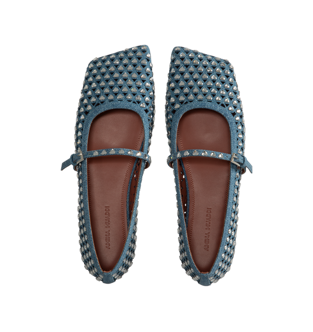 Image 4 of 4 - BLUE - AMINA MUADDI Ane Crystal Heart Flats featuring squared toe, suede, heart crystal embellishment and mary jane buckle strap. 100% lambskin. Lining: 100% goat. Sole: 70% leather, 30% rubber.  
