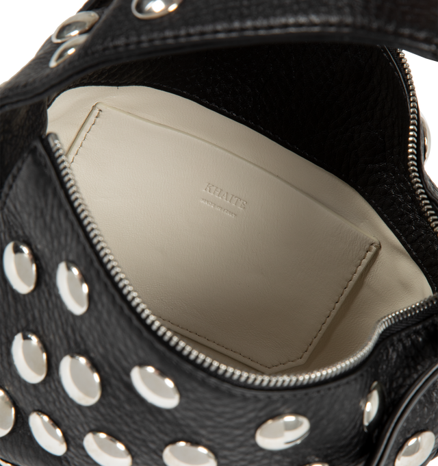 Image 3 of 3 - BLACK - KHAITE Elena Small Handbag with Silver Studs featuring a sculptural, studded interpretation of a classic box bag at a compact scale. With integrated strap, zippered top, and internal slip pocket. 5 in x 2.75 in x 7.5 in. Handle drop: 4 in. 100% calfskin. Zamac studs, nappa lining. 