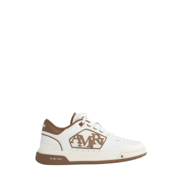 BROWN - AMIRI Classic Leather Logo Low-Top Sneakers featuring rubber logo inserts on the sides, star-shaped perforations, flat heel, round toe, lace-up vamp, MA logo on the tongue, padded collar for comfort, raised backstay logo, rubber outsole and polyester lining. 
