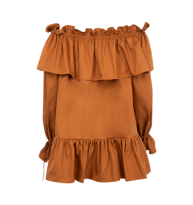 Image 2 of 3 - BROWN - Saint Laurent off-the-shoulder dress made with certified cotton, featuring an oversized ruffle neckline and hem, drawstring poet sleeves, and concealed pockets. 100% COTTON. Made in France. 