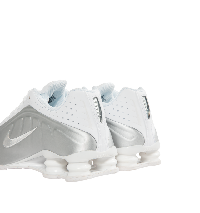 Image 3 of 5 - WHITE - NIKE Shox R4 Sneaker featuring Shox columns in the heel, synthetic and textile upper, Nike Shox technology, modified, circular Waffle outsole, laser perforations throughout, foam midsole and rubber outsole. 