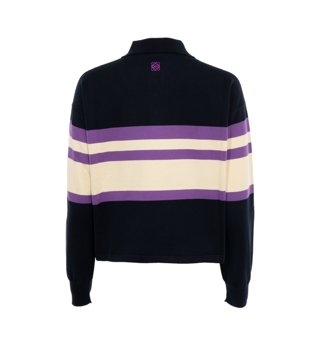 Image 2 of 3 - NAVY - LOEWE Sweater crafted in lightweight striped cotton knit in a jersey stitch. Regular fit with short length featuring two-tone colour-block stripes, polo collar, ribbed cuffs and Anagram embroidery placed at the back. Made in Italy. 