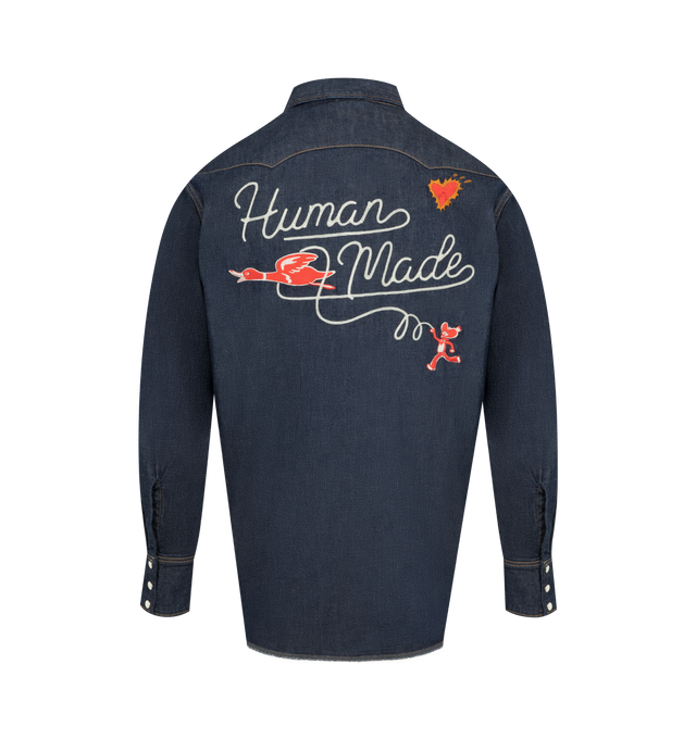 Image 2 of 2 - BLUE - HUMAN MADE Denim Western Shirt featuring regular fit, chain embroidery graphics, "DRY ALLS" embroidery above the left chest pocket, western-style flap pockets on both chests, pearl dot button with logo and triple-button arrangement on the cuffs. 100% cotton. 