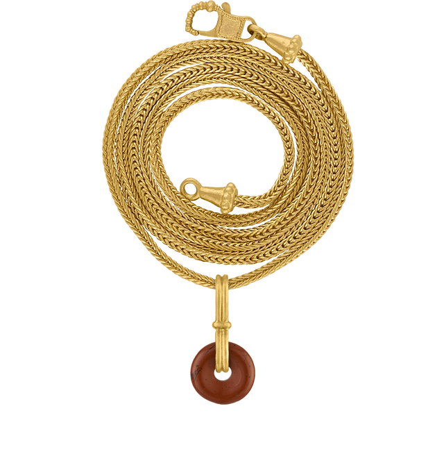 Image 3 of 4 - RED - Prounis Baby Red Jasper Discus Pendant is handcrafted from 22K yellow gold and features a jasper disc suspended on a vertical double-bail design inspired by the wheel. Handmade in New York. For personal consultation and detailed information about jewelry, please contact our dedicated stylist team at personalshopping@hirshleifers.com.This item may be restricted for online purchase to international clients. For assistance purchasing this item please contact our dedicated stylist team at p 