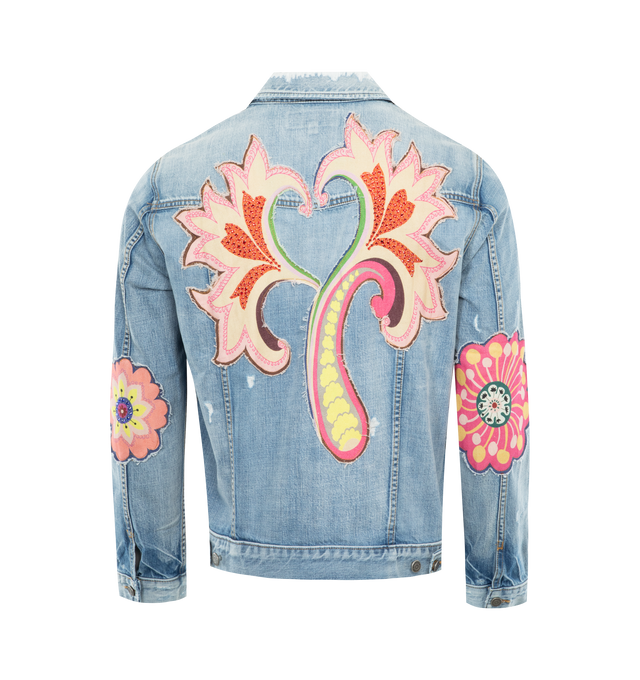 Image 2 of 2 - BLUE - COUT DE LA LIBERTE Johnny Psycho Summer Trucker Jacket featuring embellished patches throughout, button front closure, button flap pockets, long sleeves and collar. 100% cotton. Made in USA. 