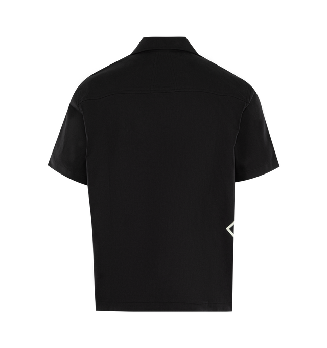 Image 2 of 2 - BLACK - RHUDE Cross Logo Short-Sleeve Shirt featuring a Rhude cross logo on the side, boxy fit, short-sleeves, camp collar and button-front closure. 100% cotton. 