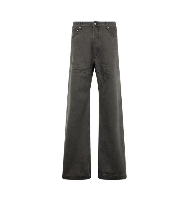 Image 1 of 3 - GREY - Rick Owens DRKSHDW Men's Geth Jeans are crafted from medium-weight cotton canvas featuring a matte black dry-pigment coating that develops a distinctive washed-out character through a stone-wash treatment. Designed with a mid-rise waist and wide-leg fit, these full-length jeans are detailed with a concealed zip fly and top button closure, a waistband with belt loops, pocket rivets, rear patch pockets, classic five-pocket styling, and contrasting topstitching. Main Material: 100% Cotton 