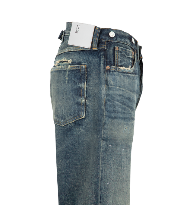 Image 3 of 3 - BLUE - Junya Watanabe Man x New Manual Men's Customize Denim Pants are crafted from cotton with wool patchwork detailing and feature a straight-leg silhouette, regular fit, vintage-inspired wash, distressing, and paint-splatter-effect details. Designed as part of the Junya Watanabe Man x New Manual collaboration, these five-pocket jeans are finished with a button fly, buttons at the waistband, a patchwork back pocket, and a classic back belt adjuster. Main Material: 100% Cotton. Contrast Fabr 