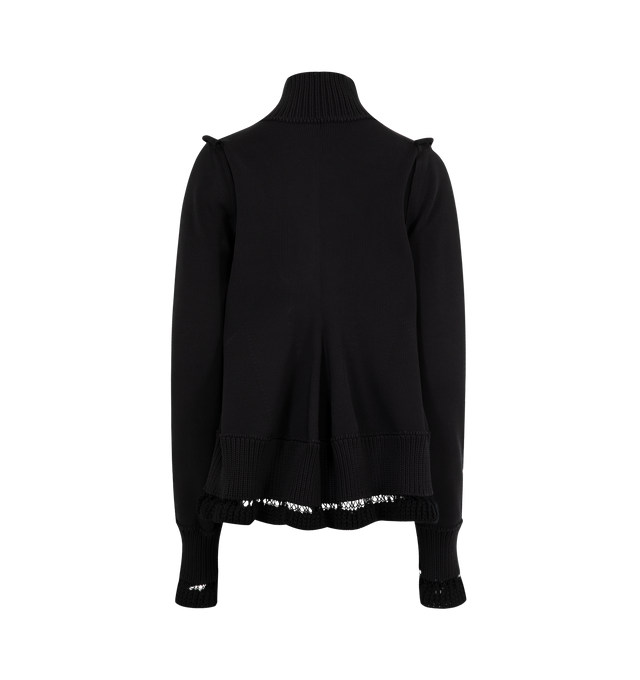 Image 2 of 2 - BLACK - SACAI Knit Blouson featuring high neck, zip closure, ribbed edges, open knit trim on hem and regular fit. 100% polyester. 100% wool. Made in Japan. 