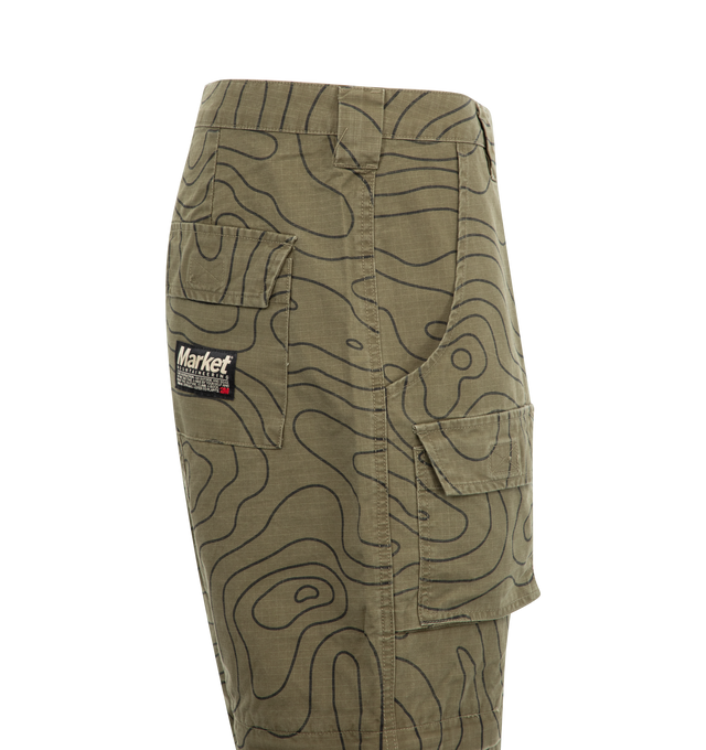 Image 3 of 3 - GREEN - Market Twill, multi-pocket cargo pants that zip into shorts with an allover topograhic pattern. Featuring pull tab to cinch bottoms.  